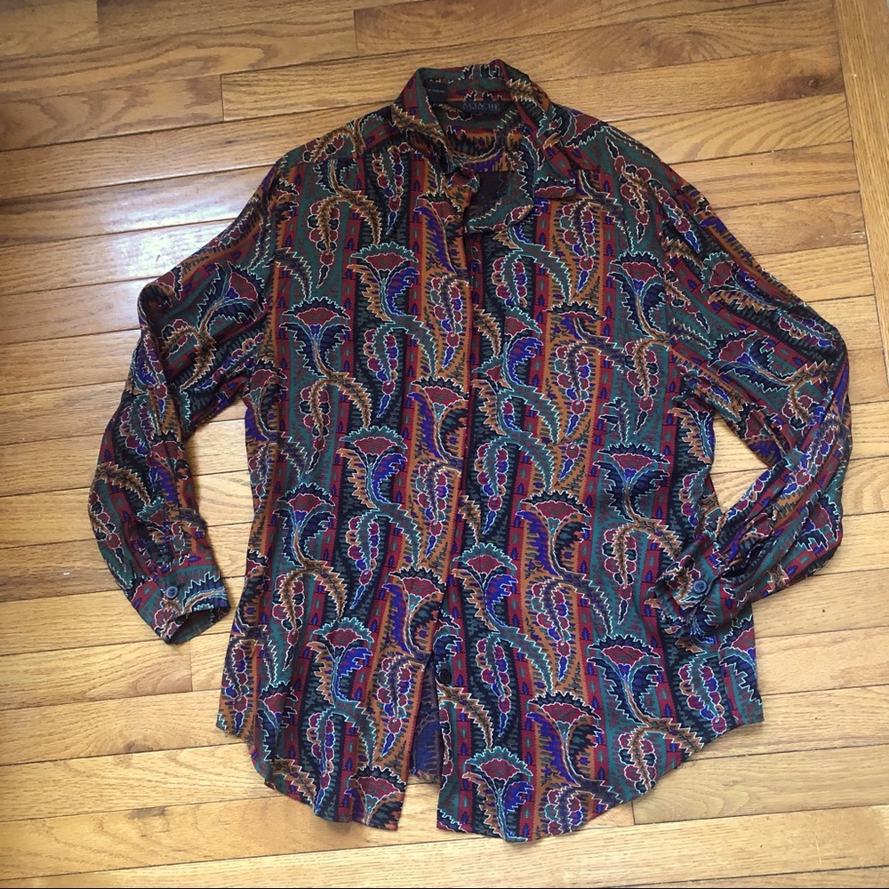 ATTACHÉ by Herman Geist Woman’s Blouse SZ 10 LS Button Front Southwestern Print
